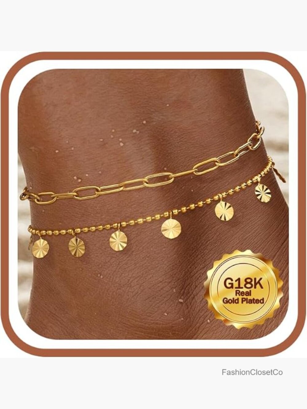 18K Gold Plated Stainless Steel Adjustable Layered Beads Ankle Bracelet